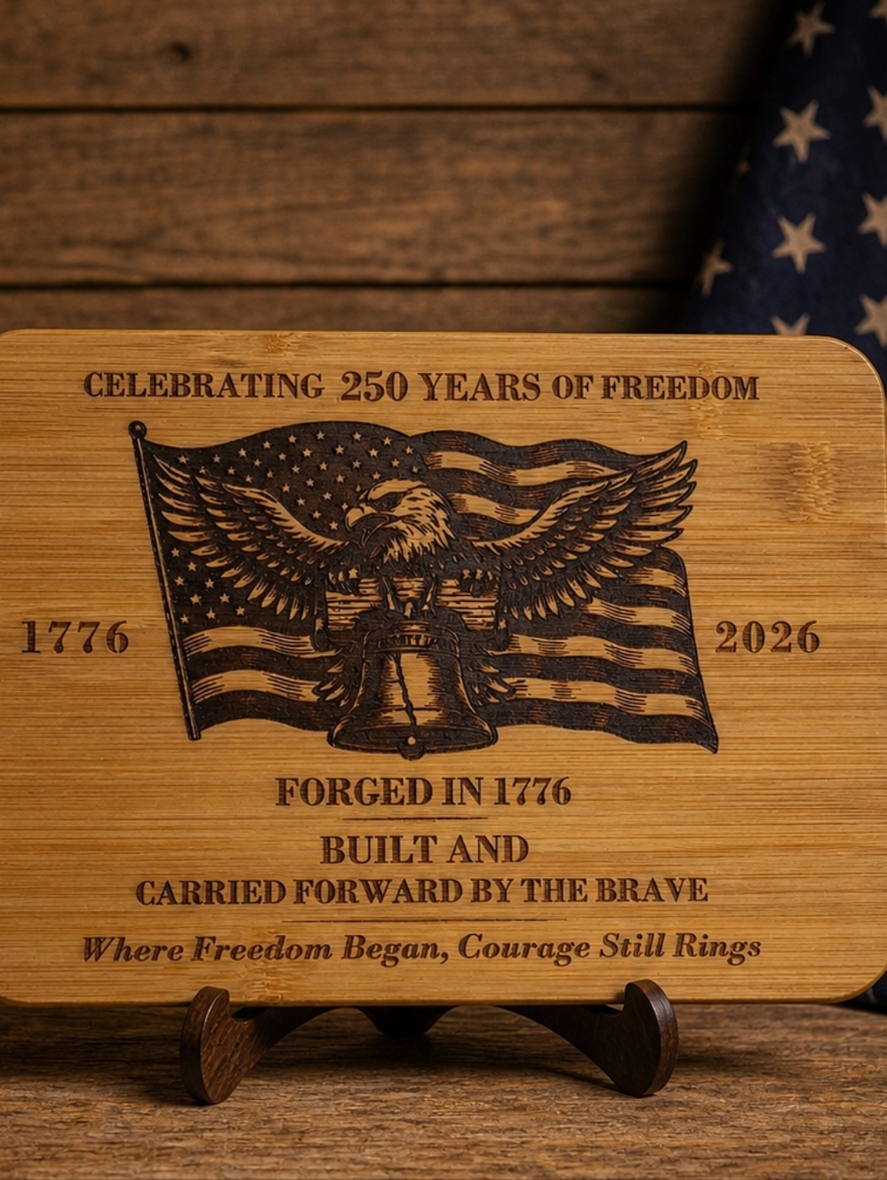 Patriotic Eagle & Liberty bell Engraved Bamboo Plaque - Natural Wood - Picture 2 of 3